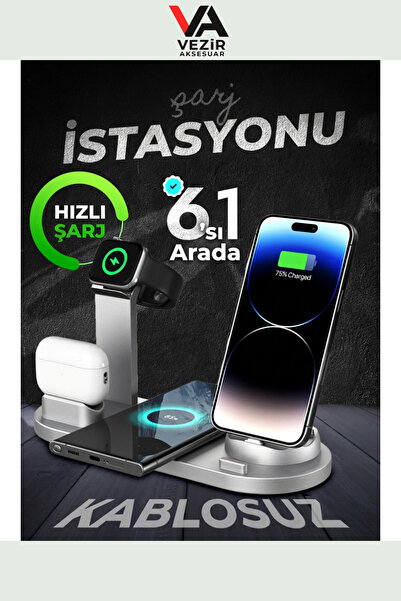 DEMPOWER 6'sı 1 Arada Kablosuz Şarj İstasyonu | 15W Hızlı Şarj | Telefon, Saa...