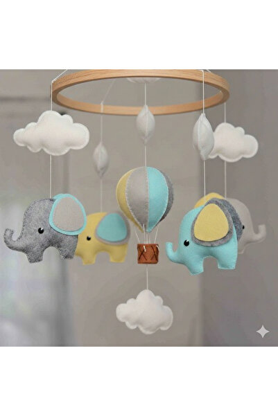 keçedekorr Bebek beşik dönencesi uçan balon fil temalı (bulut,balon,fil,) fig...