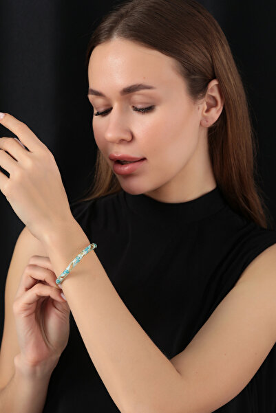 King Bee Gold Turquoise Color Enamel Embellished Floral Patterned Handcuff Br...