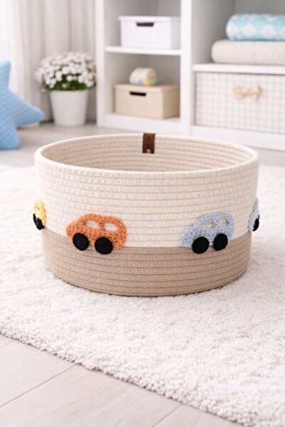 NuaCraft Çocuk Bebek Odası Hasır Araba Figürlü Oyuncak Sepeti Düzenleyici Hed...