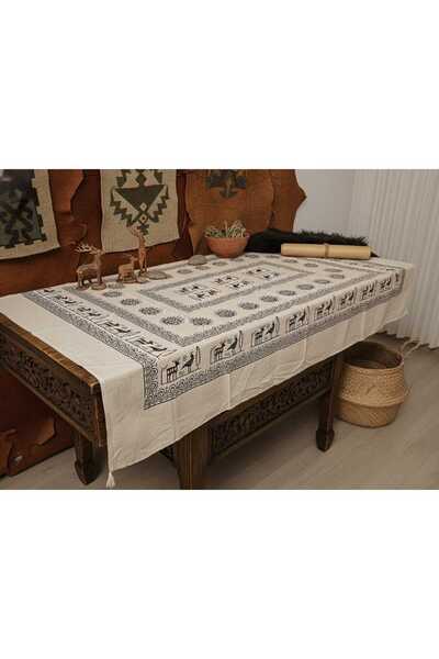 Geyik Desenli El Baskısı Masa Örtüsü 210x150