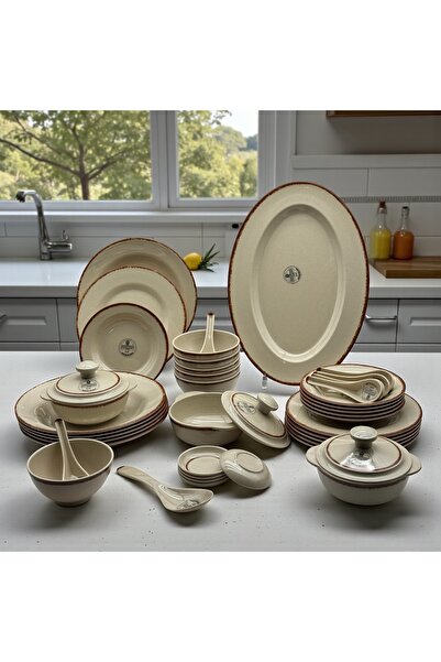 cc bin shihon Beige melamine dinner set with brown stripe, 40 pieces, for 6 p...