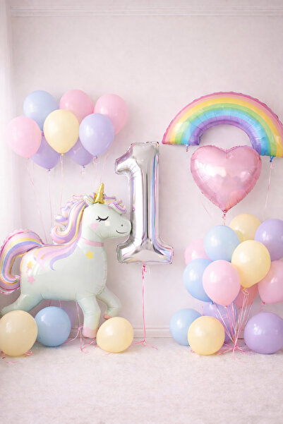 Miels Concept Çocuk Unicorn Gökkuşağı Pastel Doğum Günü Yaş Seçenekli Mumlu B...