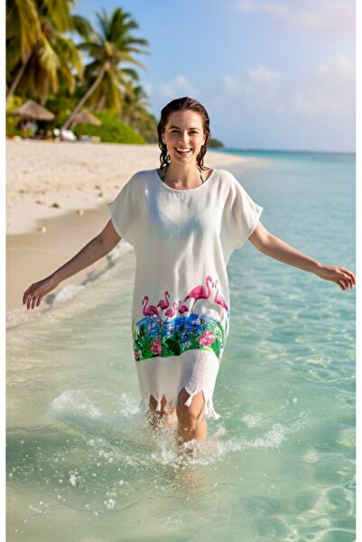 tarzQeen peştemal Beachwear plaj Flamingo Desenli Püsküllü Kadın Plaj Elbises...