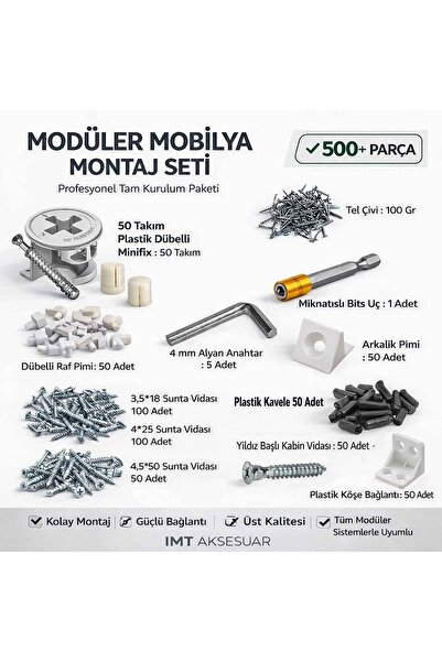 İMT AKSESUAR 500 Parça Profesyonel Modüler Mobilya Montaj Seti -Mobilyalarla ...