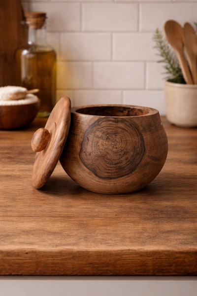 Anı_Atölye وعاء كبير الحجم بغطاء من خشب الجوز الطبيعي/18/17 سم