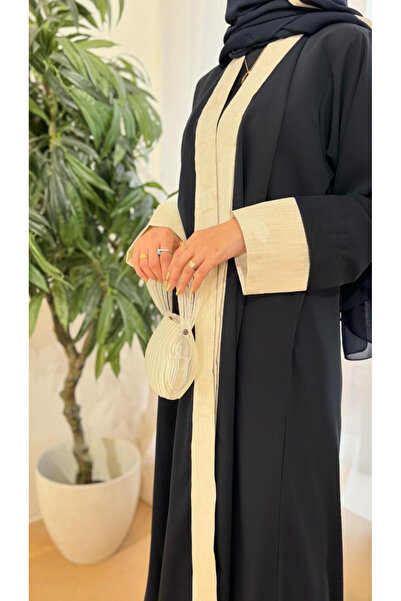 Abay-ti Women's black abaya with elegant beige trim… a touch of luxury with s...