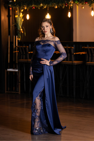 Abiyefon Lacivert Dantelli Uzun Kol Kayık Yaka Saten Balık Abiye ABU5641