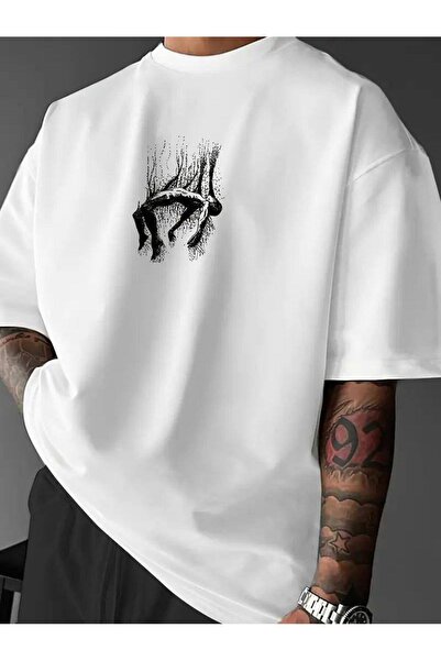 CLASSY.MODA Unisex Λευκό Υπερμεγέθη Μπλουζάκι με Στάμπα Άνετη Γραμμή Καθημερι...