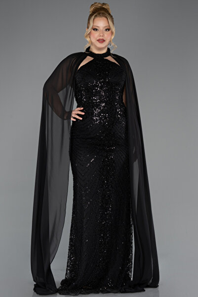 Abiyefon Siyah Halter Yaka Şallı Uzun Boncuklu Büyük Beden Abiye ABU5596