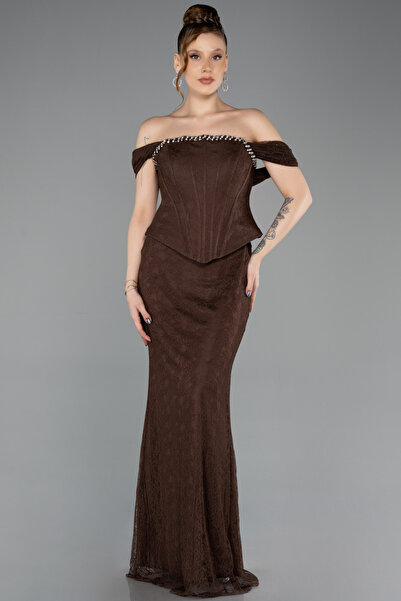 Abiyefon Kahve Straplez Peplum Kesim Uzun Dantel Abiye Elbise ABU5685