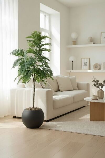 Casco Artificial areca tree, 130 cm tall, with an elegant round pot.