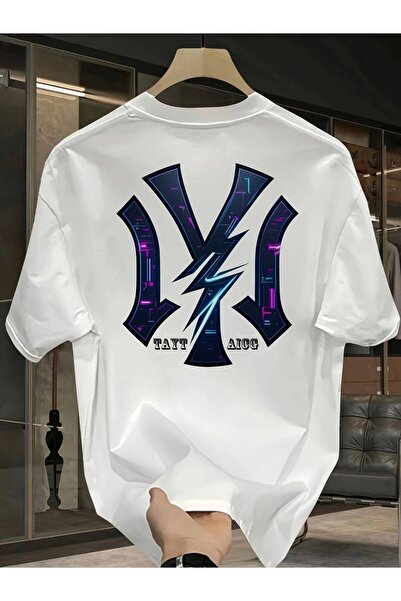 CLASSY.MODA Unisex Λευκό Υπερμεγέθη Μπλουζάκι με Στάμπα Άνετη Γραμμή Καθημερι...