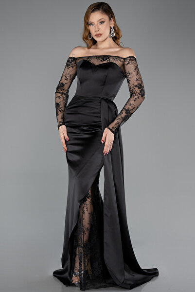 Abiyefon Siyah Dantelli Uzun Kol Kayık Yaka Saten Balık Abiye ABU5641