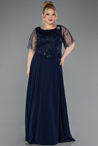 Abiyefon Lacivert Kısa Kol Üstü Pullu Şifon Uzun Büyük Beden Abiye ABU5554