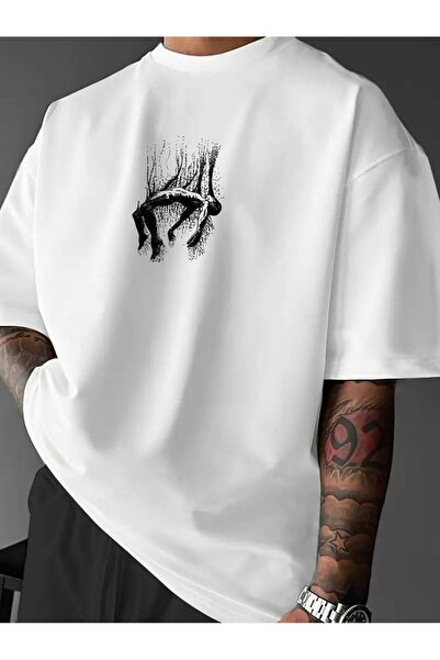 CLASSY.MODA Unisex Λευκό Υπερμεγέθη Μπλουζάκι με Στάμπα Άνετη Γραμμή Καθημερι...