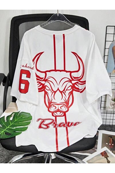 CLASSY.MODA Unisex Λευκό Υπερμεγέθη Μπλουζάκι με Στάμπα Άνετη Γραμμή Καθημερι...