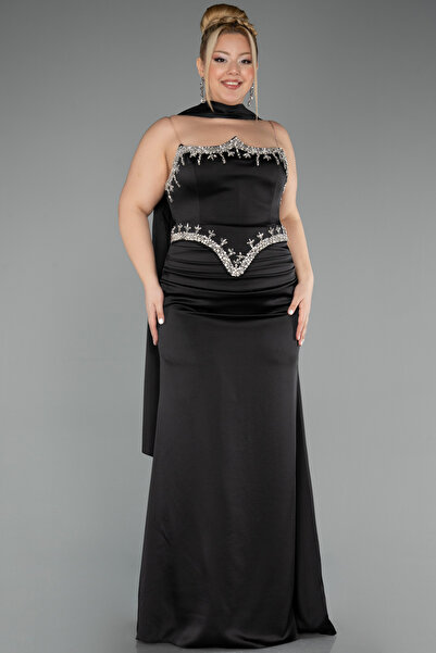 Abiyefon Siyah Taşlı Straplez Peplum Kesim Uzun Saten Büyük Beden Abiye ABU5544
