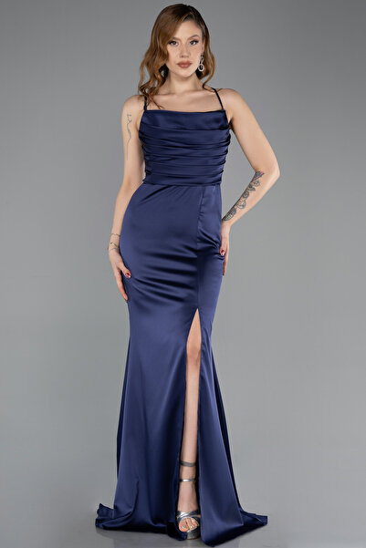 Abiyefon Lacivert Askılı Bacak Dekolteli Uzun Saten Mezuniyet Elbisesi ABU5646