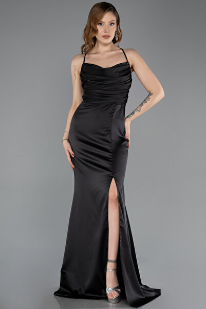 Abiyefon Siyah Askılı Bacak Dekolteli Uzun Saten Mezuniyet Elbisesi ABU5646