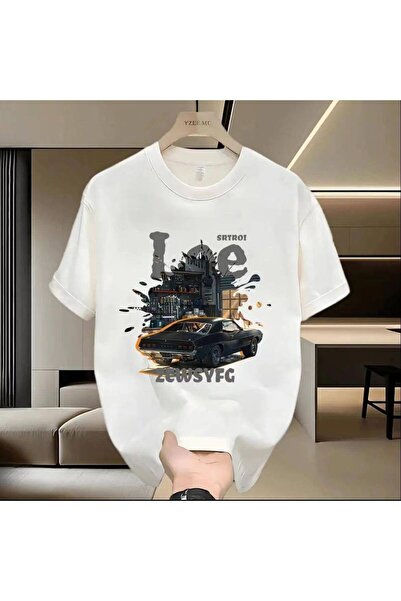 CLASSY.MODA Tricou unisex alb supradimensionat, imprimat, croială lejeră, îmb...