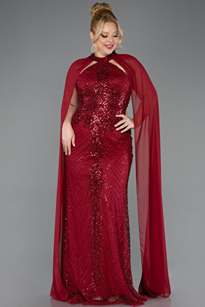 Abiyefon Bordo Halter Yaka Şallı Uzun Boncuklu Büyük Beden Abiye ABU5596