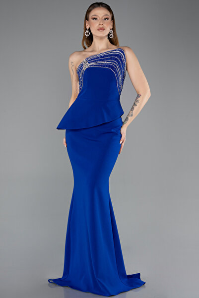 Abiyefon Saks Mavi Taşlı Asimetrik Yaka Peplum Kesim Uzun Abiye ABU5630