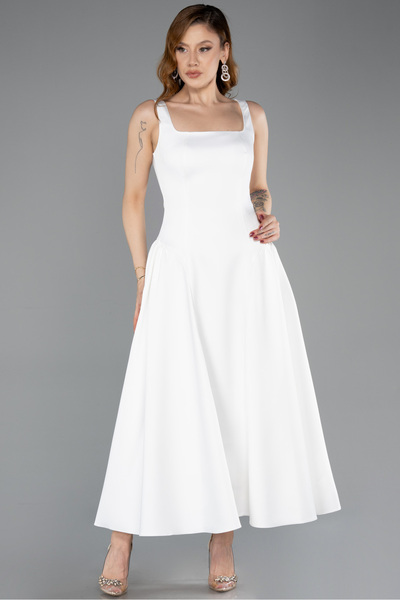 Abiyefon Ekru Kolsuz Kare Yaka Midi Davet Elbisesi ABK2519