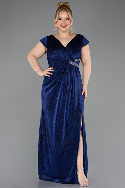 Abiyefon Lacivert Kısa Kol Yırtmaçlı Uzun Simli Büyük Beden Abiye ABU5552