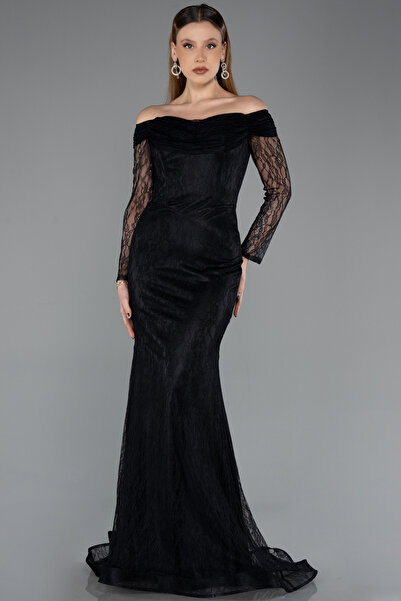 Abiyefon Siyah Kayık Yaka Uzun Kol Dantel Abiye Elbise ABU5617