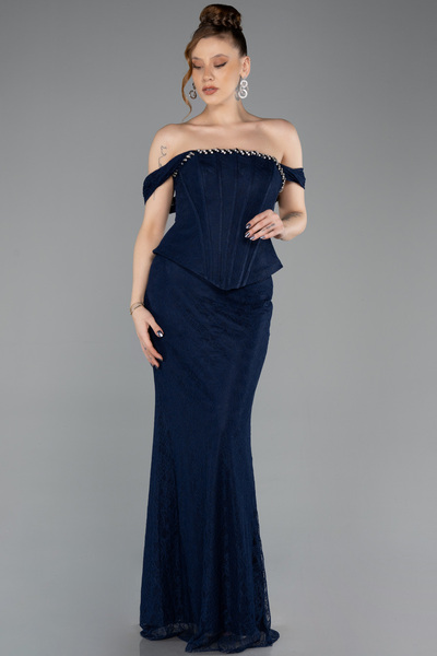 Abiyefon Lacivert Straplez Peplum Kesim Uzun Dantel Abiye Elbise ABU5685
