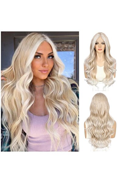 OEM Peruca blonda cu dantela frontala, sintetica, ondulata, purtare zilnica, ...