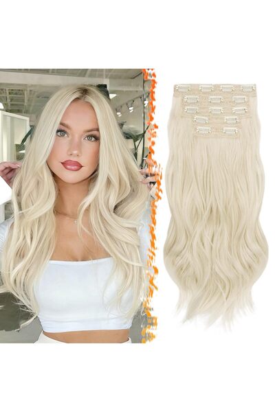 OEM Synthetic hair extensions, wavy, with clips, 50 cm, platinum blonde