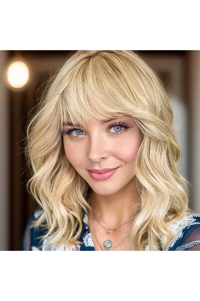 OEM Blonde wig, short, bob, with bangs, curly, blonde, 36 cm