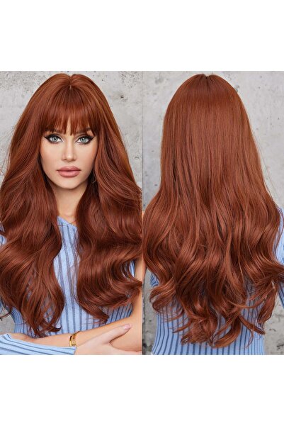 OEM Peruca lunga, ondulata, rosie castaniu-roscat, cu breton, par sintetic re...