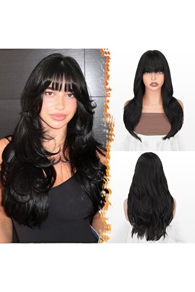 OEM Wig with bangs, 50 cm, synthetic hair, layered, black