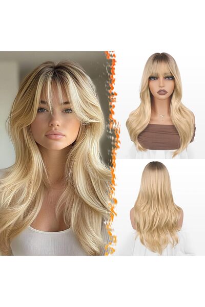 OEM Peruca blonda, cu breton, 50 cm, par sintetic ondulat si moale, blond ombre