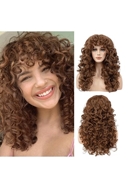 OEM Peruca creata cu breton, maro ciocolatiu deschis, lunga, sintetica, rezis...
