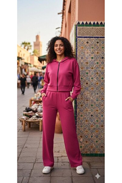 JANES طقم نسائي مكون من سترة طويلة الأكمام بقلنسوة وبنطلون