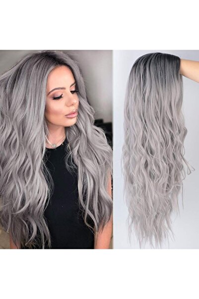 OEM Long and curly wig, silver gray, ombre, synthetic hair, 66 cm