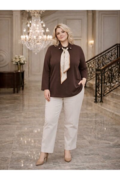 Te&Te Women's Plus Size Scarf Detailed Shirt Collar Blouse