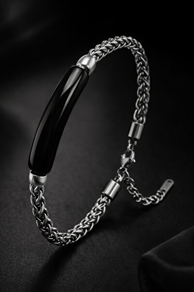 İyyaKee Erkek Çelik Bileklik Doğal Siyah Oniks Taşlı Örgü Zincir Künye