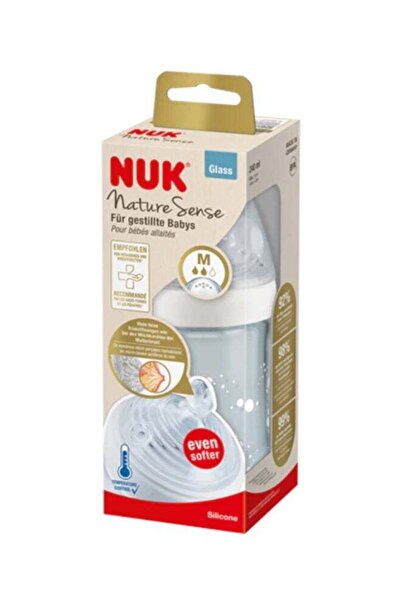 Nuk رضّاعة ناتشر سينس زجاجية 240 مل بمؤشر حرارة (0-6 أشهر)وسط