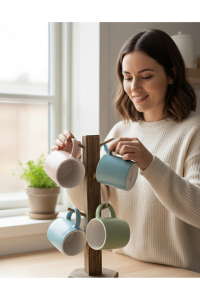 MONTETOYS Dekoratif Ahşap Kupa Askılığı - Altı Bölmeli Modern Bardak Standı -...