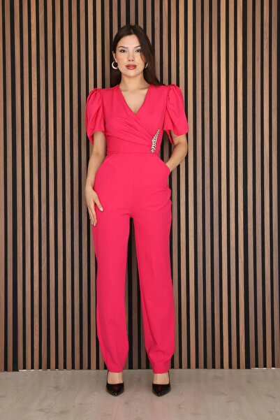 lodmela V-Neck Jumpsuit with Pile and Stone Detail 2190-Fuchsia