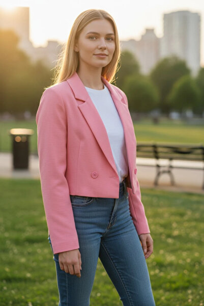 modayiğit Pembe astarlı crop kısa şık kadın ceket