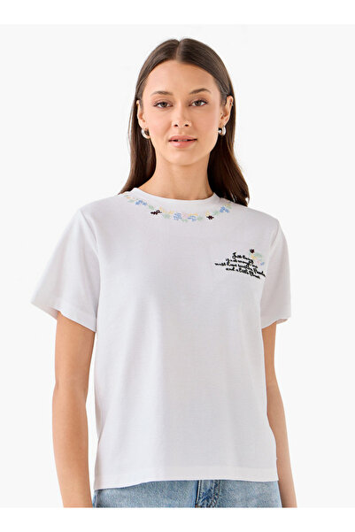 Lee Cooper Cotton T-shirt with Floral Slogan Embroidery