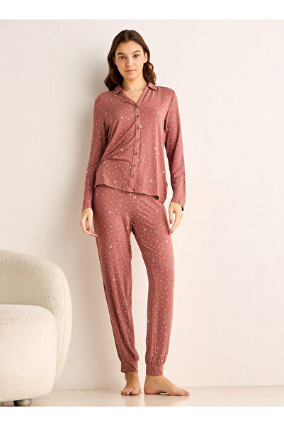 FAV طقم بيجاما من قميص بأزرار وبنطال من قماش مودال