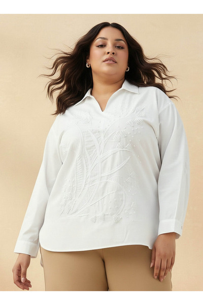 Ulla Popken Relaxed Fit Cotton Top with Embellishment