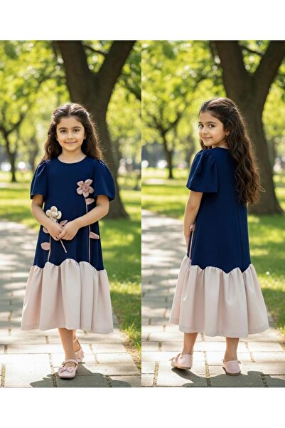 Rawai Roma Elegant girls' dress in navy, pink, and navy yellow with a raised ...